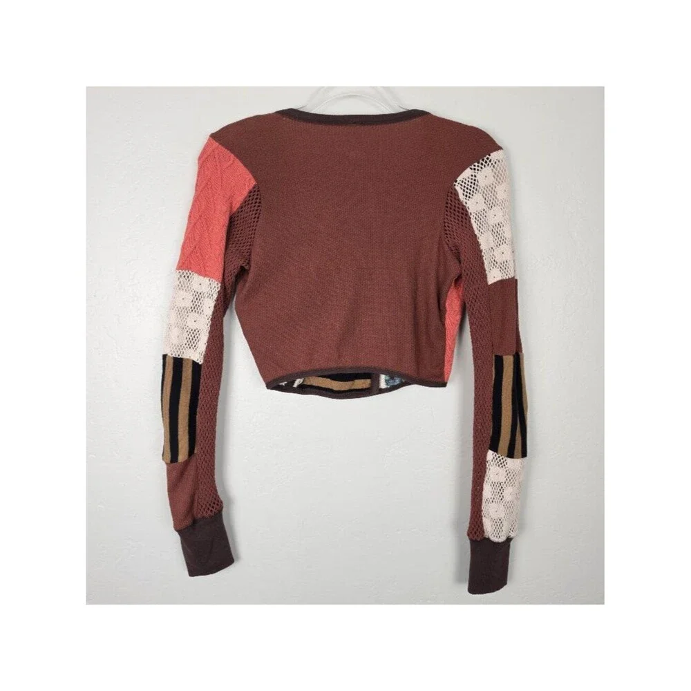 Free People Pieces Of Me Top Patchwork Knit Long Sleeve Crop Multicolor Size XS